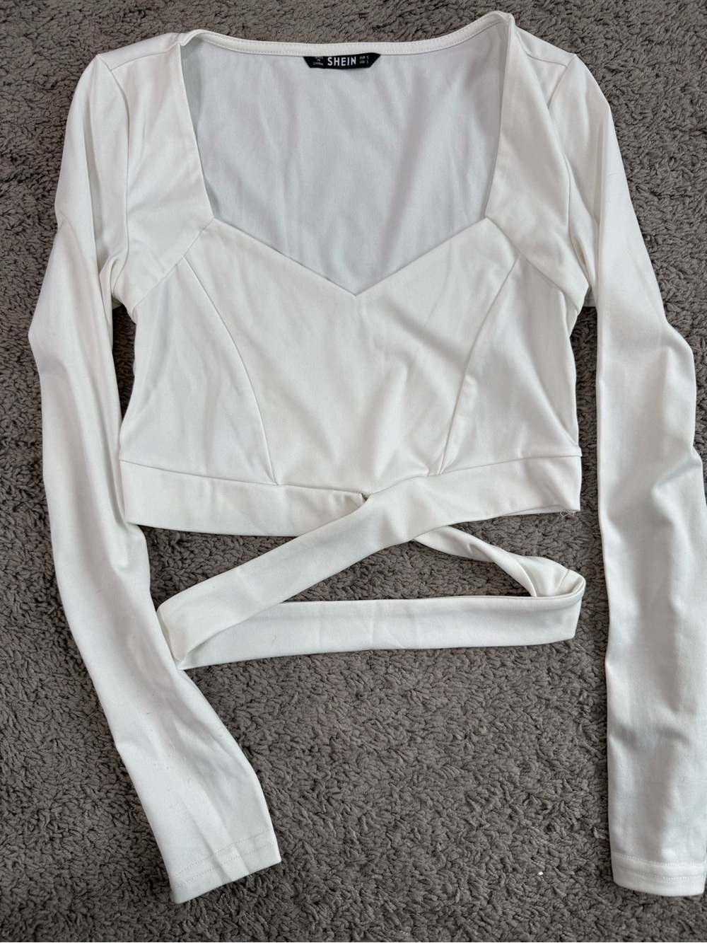 SHEIN White Long Sleeve Wrap-Front Sweetheart Crop Top